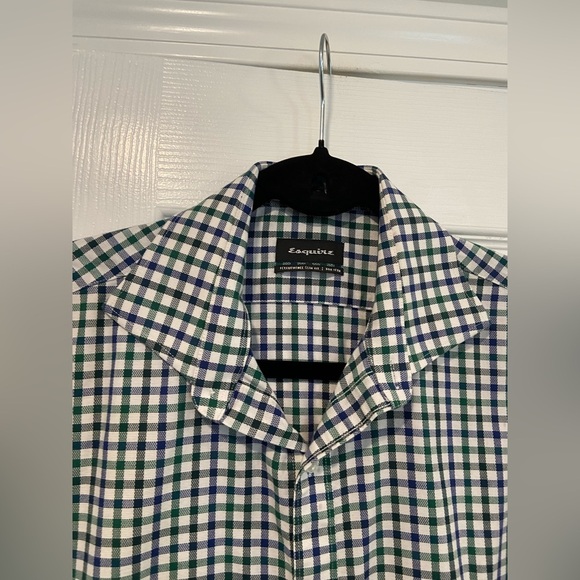 Esquire Size 15 Performance Slim Fit Non Iron Blue Green Plaid Button Down Shirt - Picture 5 of 13